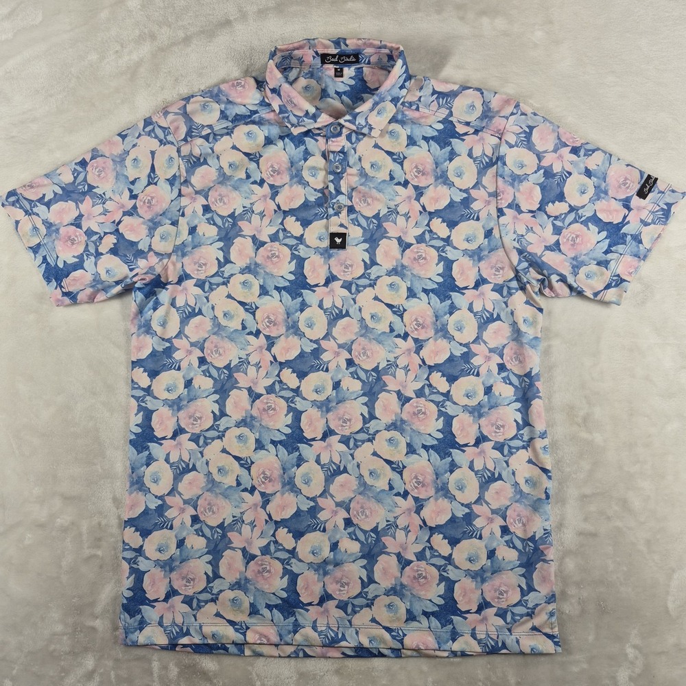 Bad Birdie Polo Shirt Men's Medium Blue Floral Golf Performance Short Sleeve